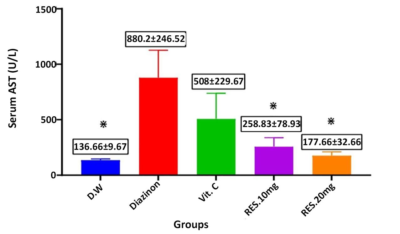Figure 2 -  Comparison of mean ± SEM AST. Levels among the different g experimental groups showing the effect of Resveratrol and vitamin C after Diazinon administration.