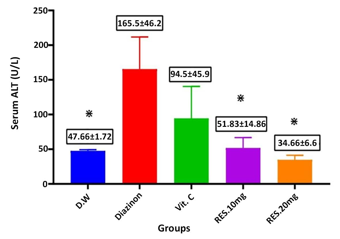 Figure 3 - Comparison of mean ± SEM ALT. Levels among the different g experimental groups showing the effect of Resveratrol and vitamin C after Diazinon administration.
