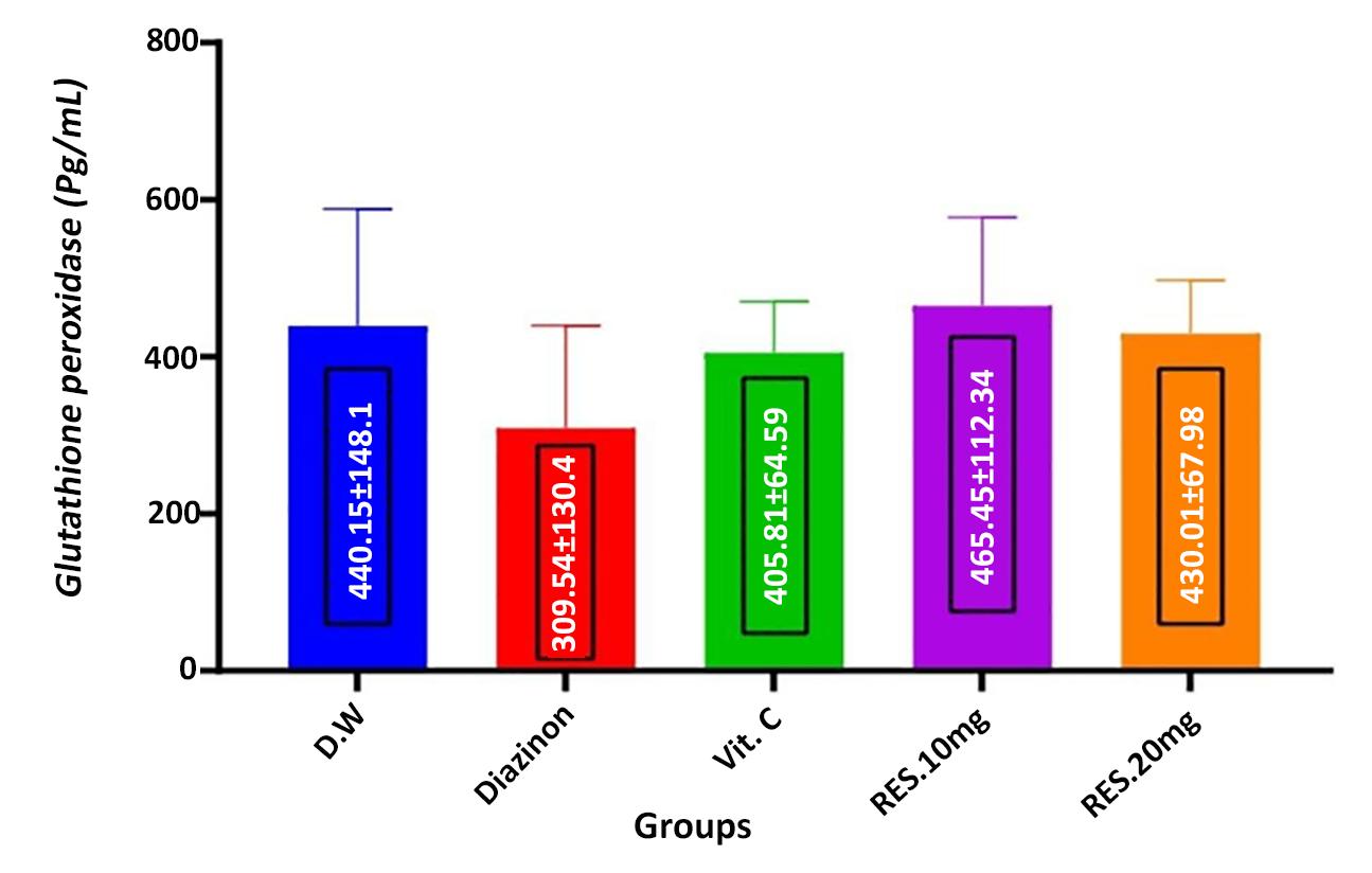 Figure 4 - Comparison of mean ± SEM Hepatic tissue glutathione peroxidase levels among the different g experimental groups showing the effect of Resveratrol and vitamin C after Diazinon administration.