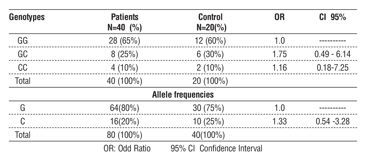 Table 3 - Distribution of genotypes and allele frequencies of the RAD51 gene among patient and control groups
